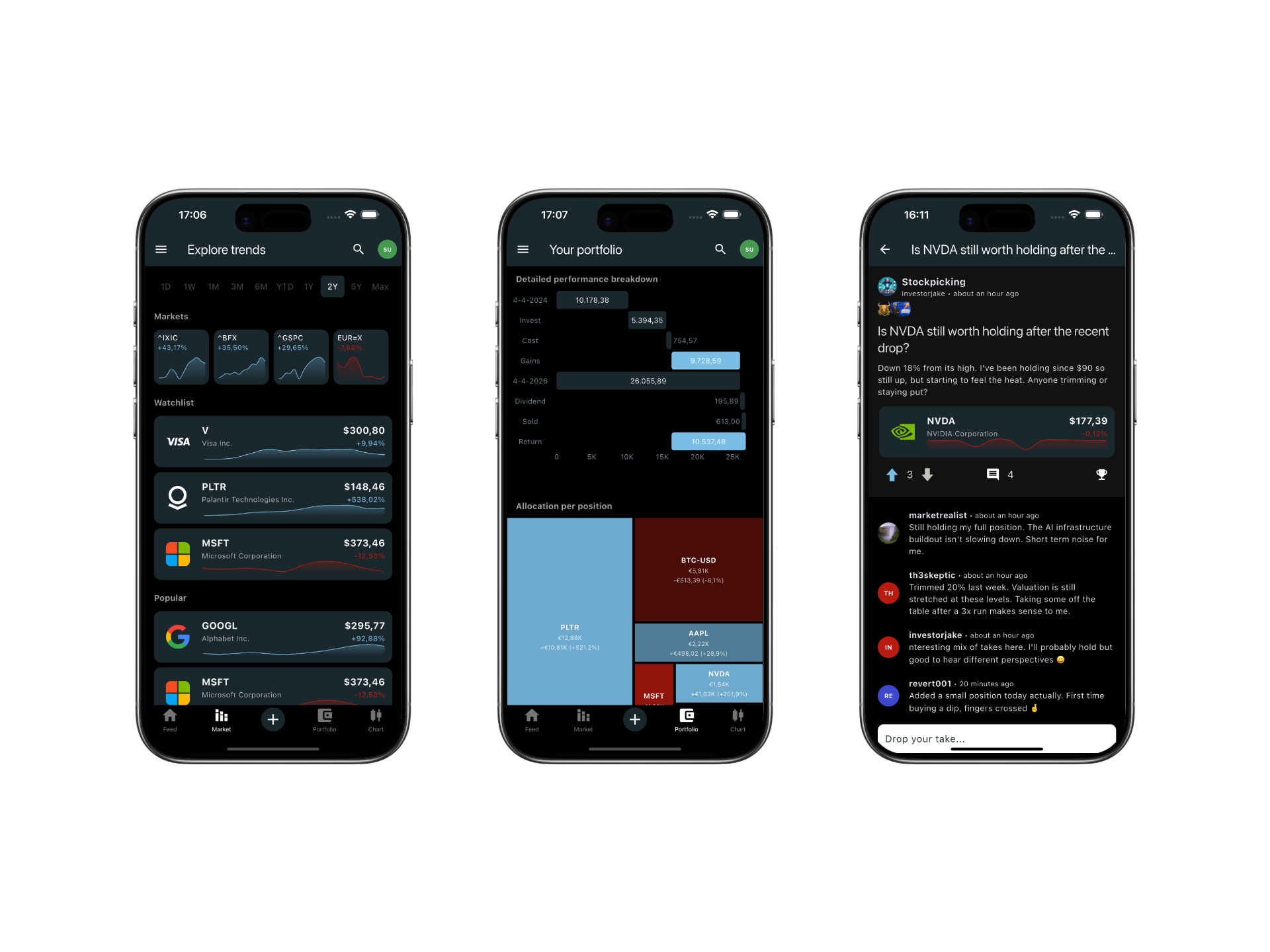 costonks app — market, portfolio and community screens